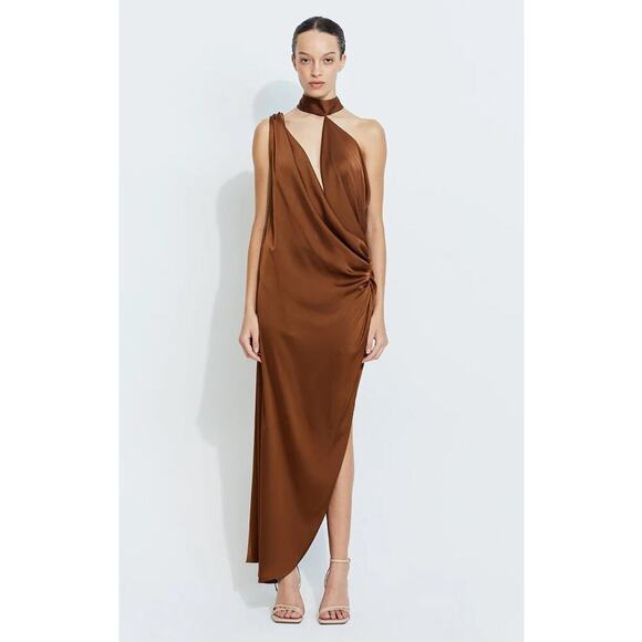 SIRAPOP Dresses & Skirts - Sirapop Sara Satin Asymmetric Side-Drape Midi Dress in Camel NWTI – Size Small